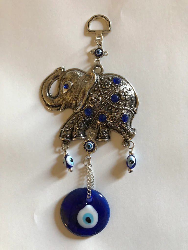 Nevfactory Evil Eye Keychain - Turquoise Elephant With Colorful Beads, Handmade Glass Protection Charm