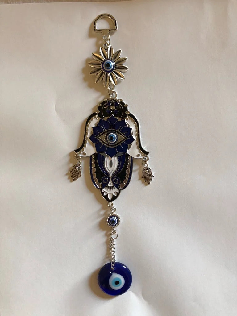 Hanging Blue Hemsa hand with Turkish Blue Evil Eye Amulet