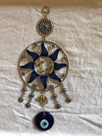 Sun Stars Moon & Elephant with Glass Blue Evil Eye Hanging Amulet