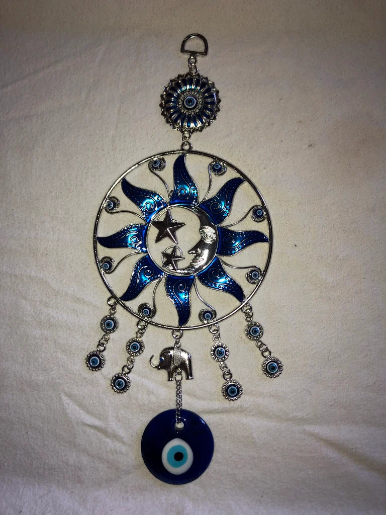 Sun Stars Moon & Elephant with Glass Blue Evil Eye Hanging Amulet