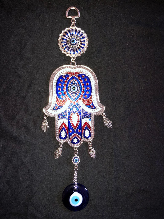 Hanging Red & Blue Hemsa hand with Blue Evil Eye Amulet