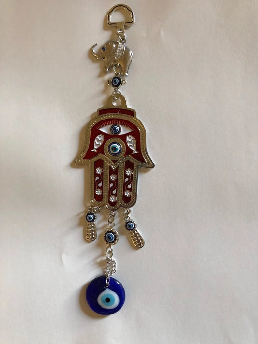 Hanging Red  Hemsa hand with Blue Evil Eye Amulet